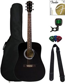 Fender FA-100 Dreadnought Acoustic Guitar – Black Bundle with Gig Bag, Tuner, Strings, Str ...