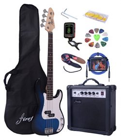 Full Size Blue Burst Electric Bass Guitar Pack with 15W power Amp Case Strap Package