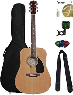 Fender FA-100 Dreadnought Acoustic Guitar – Natural Bundle with Gig Bag, Tuner, Strings, S ...