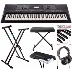 Yamaha PSREW410 76-key Portable Keyboard with Power Adapter, Knox Double X Keyboard Stand, Bench ...