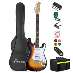 Donner DST-1S Solid Full-Size 39 Inch Electric Guitar Kit Sunburst Package with Amplifier, Bag,  ...