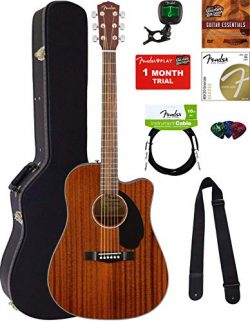 Fender CD-60SCE Dreadnought Acoustic-Electric Guitar – All Mahogany Bundle with Hard Case, ...