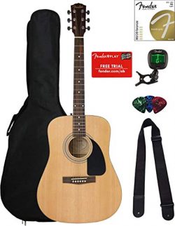 Fender FA-100 Dreadnought Acoustic Guitar – Natural Satin Bundle with Gig Bag, Tuner, Stri ...