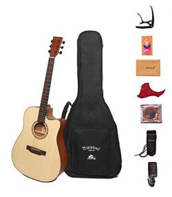 Black Wolf Beginners Acoustic Guitar 41” Natural Color Cutaway Bundle with Gig Bag, Tuner, Capo, ...