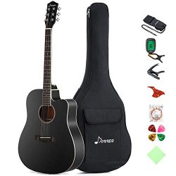 Donner DAG-1CB Black Beginner Acoustic Guitar Full Size, 41″ Cutaway Guitar Bundle with Gi ...