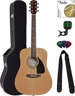 Fender FA-100 Dreadnought Acoustic Guitar – Natural Bundle with Hard Case, Tuner, Strings, ...