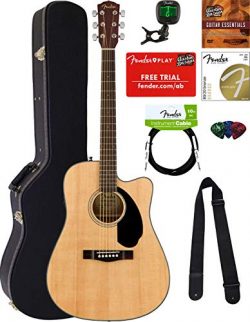 Fender CD-60SCE Dreadnought Acoustic-Electric Guitar – Natural Bundle with Hard Case, Cabl ...