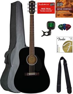 Fender CD-60S Dreadnought Acoustic Guitar – Black Bundle with Gig Bag, Tuner, Strap, Strin ...