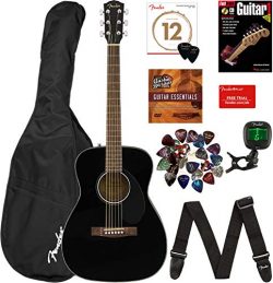 Fender CC-60S Concert Acoustic Guitar – Black Bundle with Gig Bag, Tuner, Strap, Strings,  ...