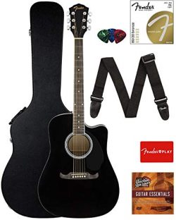 Fender FA-125CE Dreadnought Cutaway Acoustic-Electric Guitar – Black Bundle with Hard Case ...