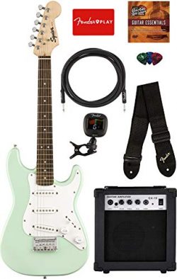 Fender Squier Mini Strat Electric Guitar – Surf Green Bundle with Amplifier, Instrument Ca ...