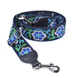 CLOUDMUSIC Banjo Strap Jacquard Woven With Leather Ends And Metal Clips (Blue Flowers In Black)