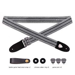 Melede Black and White Provision Guitar Strap Vintage Cotton Belt Genuine Leather Ends, Adjustab ...